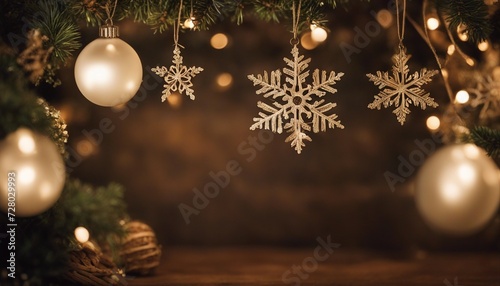 christmas tree and decorations A vintage Christmas with a fir tree and wooden background. The tree is old fashioned and charming 