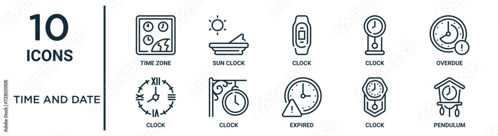 time and date outline icon set such as thin line time zone, clock ...