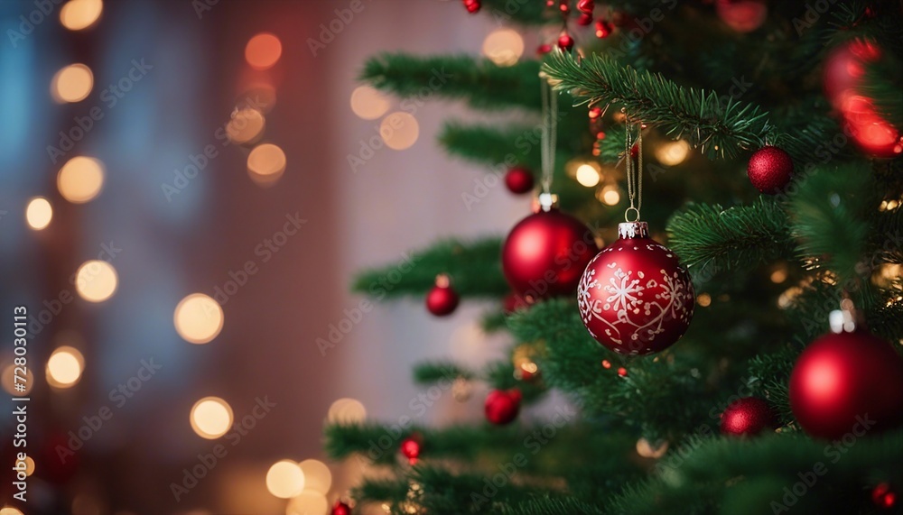 christmas tree decorations A festive Christmas with a green tree and a red background. The tree is cheerful and merry  