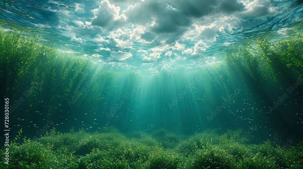 Seagrass view from underwater with sparkling sunlight. World Seagrass Day. - obrazy, fototapety, plakaty 