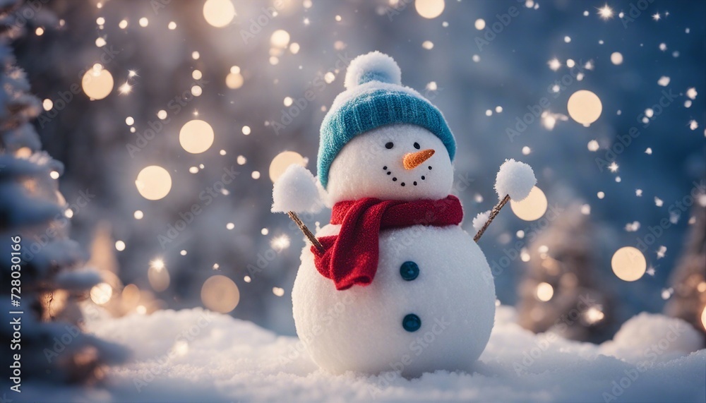 snowman on the snow A magical forest of ice and snow. The trees are decorated with lights and ornaments. A snowman is small snowman on the snow A magical forest of ice and snow. The trees are decorated with lights and ornaments. A snowman is small