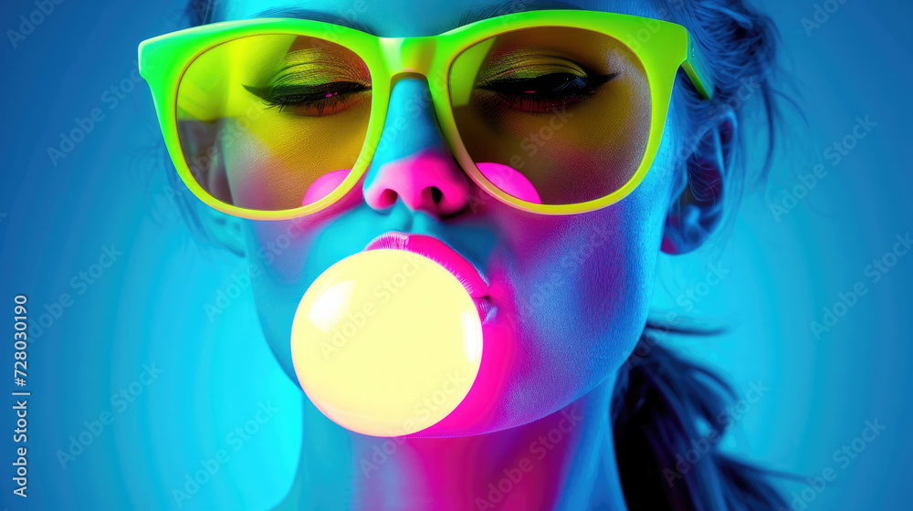 Beautiful woman in sunglasses blowing yellow glowing bubble gum on a blue background in neon colors.
