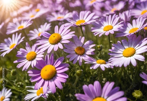 Purple Daisy Flowers in Bright Sunny Day. Fresh Chamomile Field.