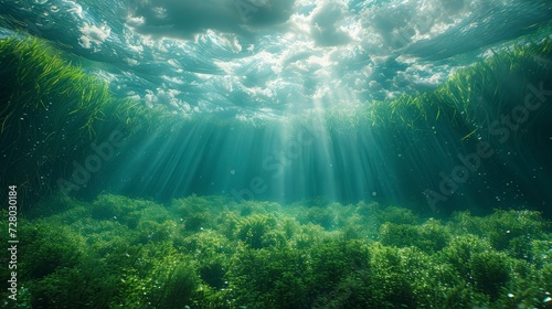 Seagrass view from underwater with sparkling sunlight. World Seagrass Day.