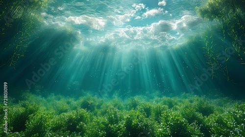 Seagrass view from underwater with sparkling sunlight. World Seagrass Day. © pengedarseni