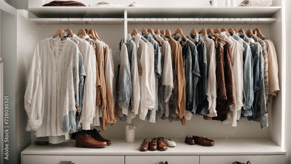 There are shelves, rods, and drawers in this contemporary, minimalist men's wardrobe. Accessory storage and organization space in the dressing room. luxury walk-in closet interior design	
