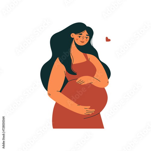 Woman during pregnancy. Cartoon pregnant girl with child in belly, female character with hands on tummy, maternity concept. Vector flat illustration
