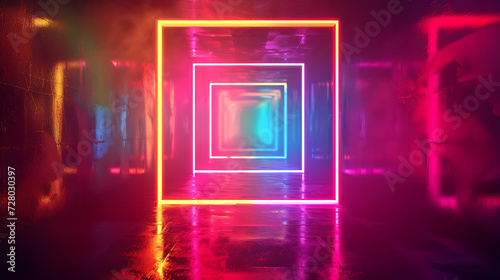 Colorful linear square shape glowing in the dark, forming a vibrant and abstract neon background