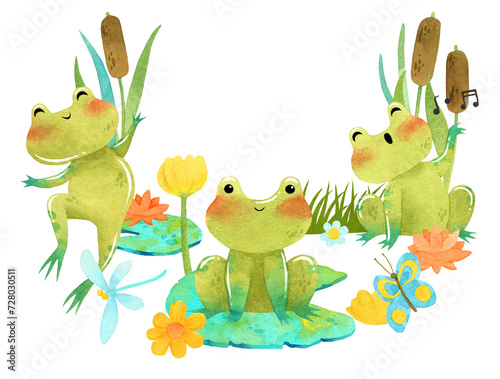 Cute funny green frog, toad watercolor illustration in pond with reed, water lily and butterfly