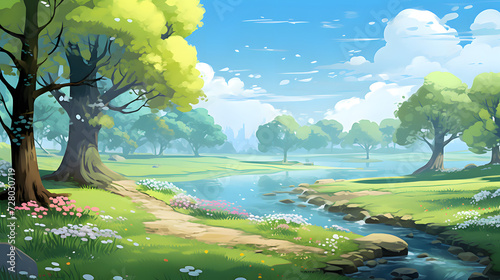 Illustrated landscape, cartoon landscape, green landscape