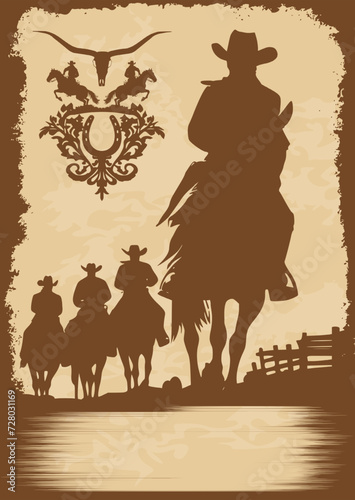  Vektor Silhouetten Western Poster - 4 Reiter Reiter auf Pferden - Rahmen und Vintage Wildwest Design Elemente - Westernreiten