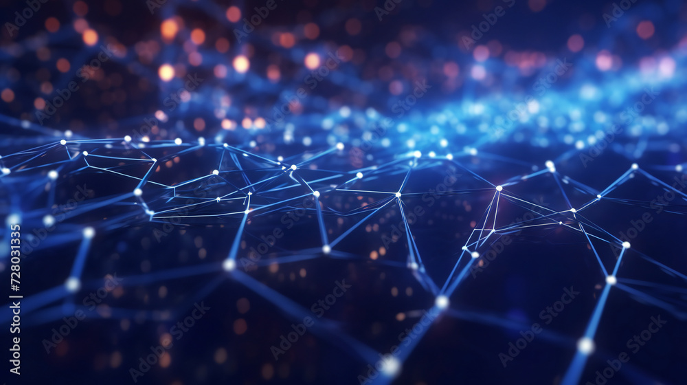 Abstract technology connected internet network with polygonal multicolored dots and lines with dark blue background. Digital cybersecurity protection and big data visualization. internet of things.