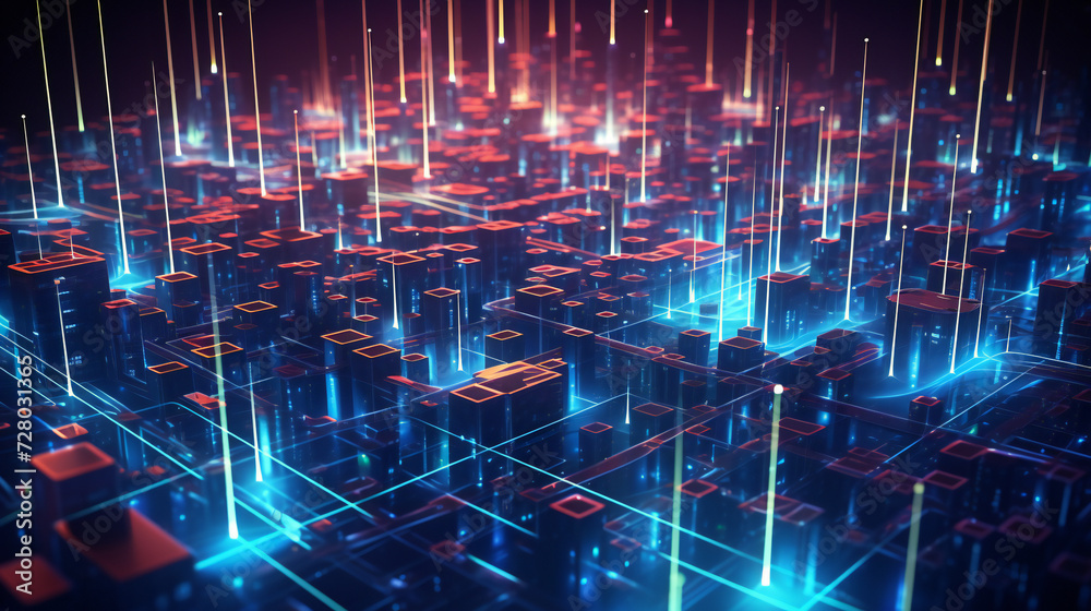 Obraz premium Abstract technology connected internet network with polygonal multicolored dots and lines with dark blue background. Digital cybersecurity protection and big data visualization. internet of things.