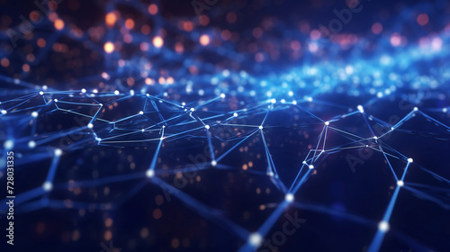 Abstract technology connected internet network with polygonal multicolored dots and lines with dark blue background. Digital cybersecurity protection and big data visualization. internet of things.
