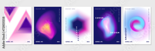 Cover or poster template with fluid gradient abstract shapes. Set of banners with liquid vibrant gradient blur in iridescent neon colors. Vector geometric form mesh elements with blurry effect.