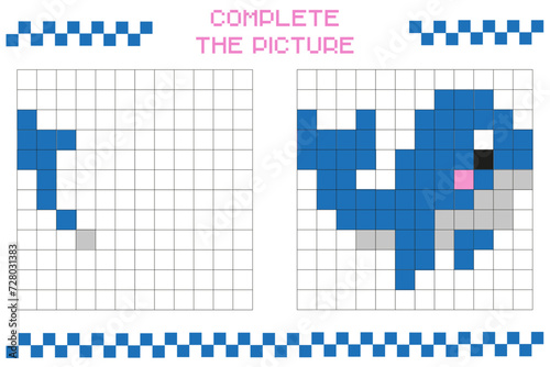 Complete the picture, complete the grid image. Coloring cellular areas. Children's games. Cartoon vector illustration. Blue whale.
Educational cards for children. Pixel art. Mosaic for children.