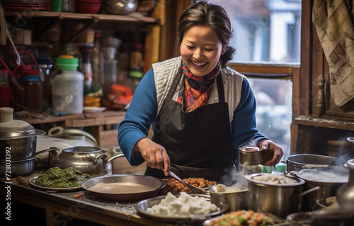 Small Nepalese village local woman portrait. She cooking traditional Dal bhat dish and cheerfully smiling. Local people, travel destinations and food preparing concept image.