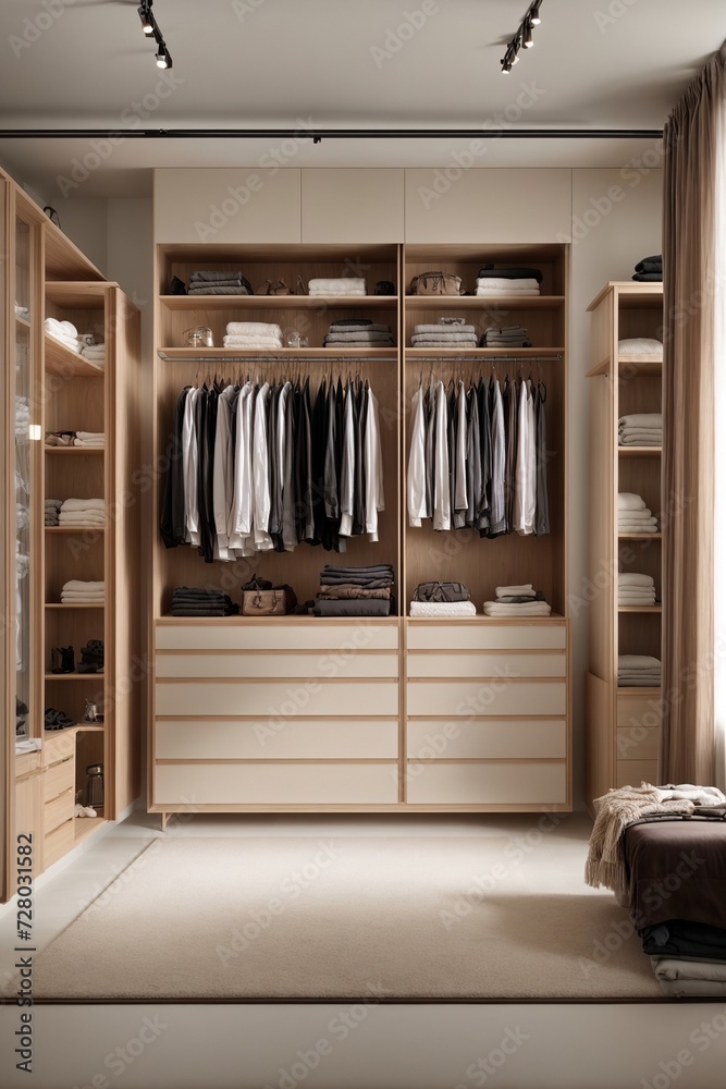 There are shelves, rods, and drawers in this contemporary, minimalist men's wardrobe. Accessory storage and organization space in the dressing room. luxury walk-in closet interior design
