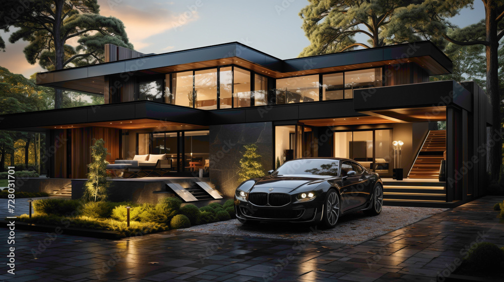Step into a captivating residence that defines uniqueness and attractiveness, complete with a garage featuring a parked car and an inviting garden.  - obrazy, fototapety, plakaty 