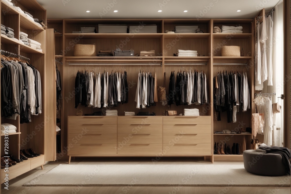 There are shelves, rods, and drawers in this contemporary, minimalist men's wardrobe. Accessory storage and organization space in the dressing room. luxury walk-in closet interior design There are shelves, rods, and drawers in this contemporary, minimalist men's wardrobe. Accessory storage and organization space in the dressing room. luxury walk-in closet interior design
