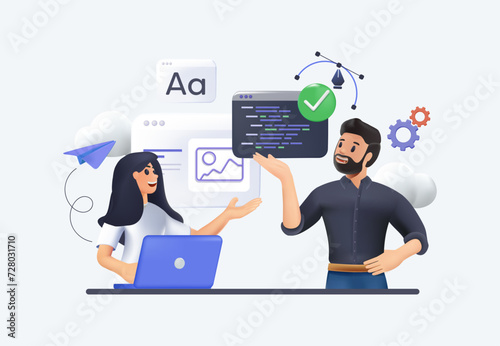 Web development creating mobile web page. Programmers making website, female and male developers working on software. Man generating idea, woman making interface 3D vector illustration