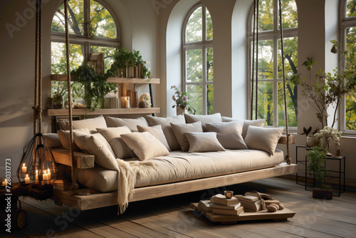 Picture a tranquil ambiance with a beige couch and a gentle swing, creating a serene corner. 