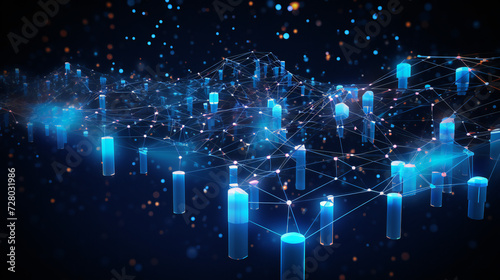 Abstract technology connected internet network with polygonal multicolored dots and lines with dark blue background. Digital cybersecurity protection and big data visualization. internet of things.