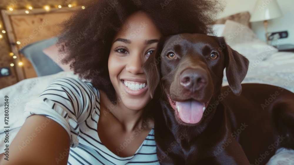 Smiling african americane young girl with lovely dog taking selfie in a ...