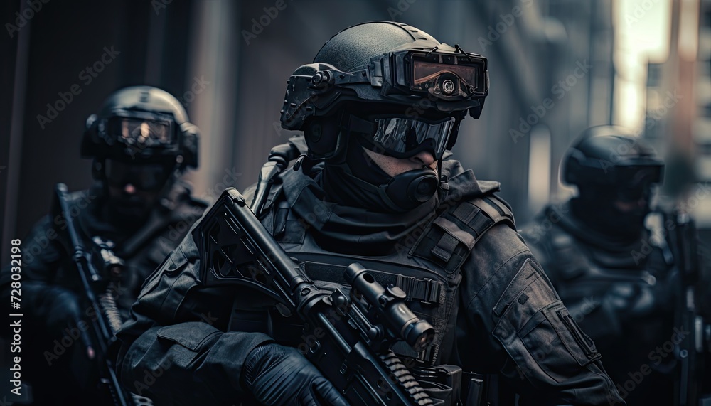 A Group of Men in Military Gear Walking Down a Street A Group of Men in Military Gear Walking Down a Street