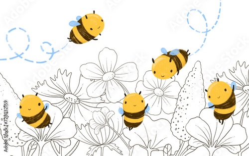 Cute Honey Bee illustration flying with line drawing meadow flowers. Isolated on white background