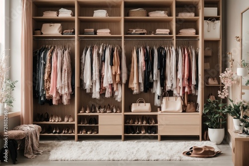 There are shelves, rods, and drawers in this contemporary, minimalist woman's wardrobe. Accessory storage and organization space in the dressing room. luxury walk-in closet interior design	
 photo