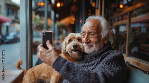 Love, relax and retirement senior man with dog pet together in cafe taking selfie. Pet friendly space concept. Saving memories with pet.  photo