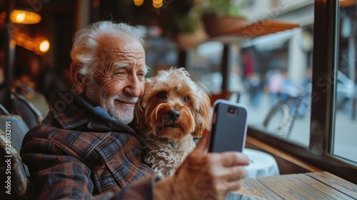Love, relax and retirement senior man with dog pet together in cafe taking selfie. Pet friendly space concept. Saving memories with pet.