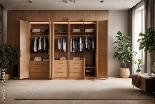 There are shelves, rods, and drawers in this contemporary, minimalist men's wardrobe. Accessory storage and organization space in the dressing room. luxury walk-in closet interior design © SR Production
