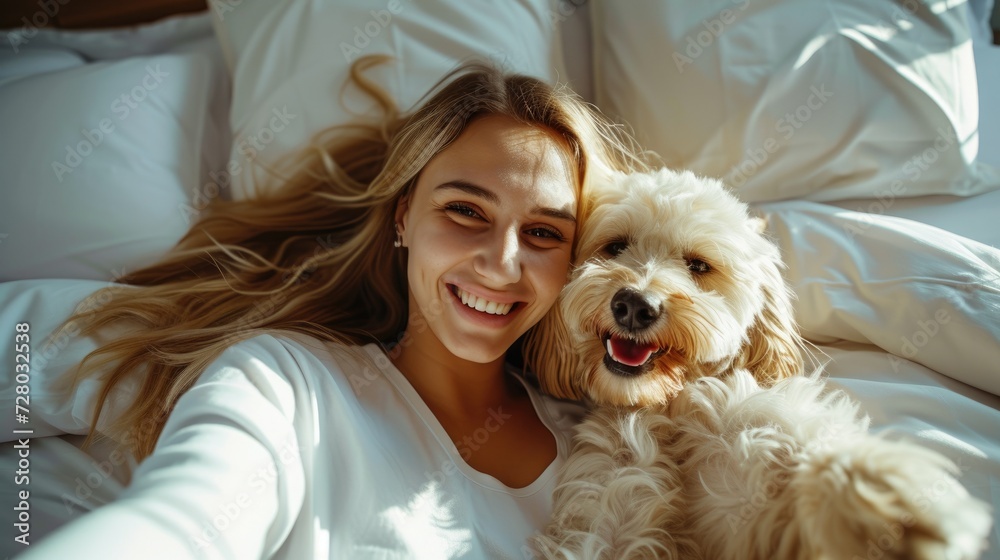 Pet friendly spaces concept. Happy beautiful girl with her lovely dog taking selfie in hotel room. Dog friendly hotel. Welcome dog. Travel with dog. Pet friendly spaces concept. Happy beautiful girl with her lovely dog taking selfie in hotel room. Dog friendly hotel. Welcome dog. Travel with dog.