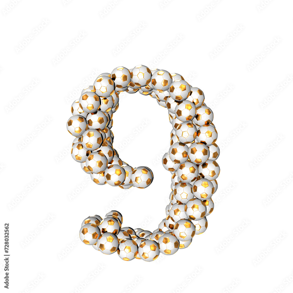 Symbol made from gold soccer balls. number 9 Symbol made from gold soccer balls. number 9