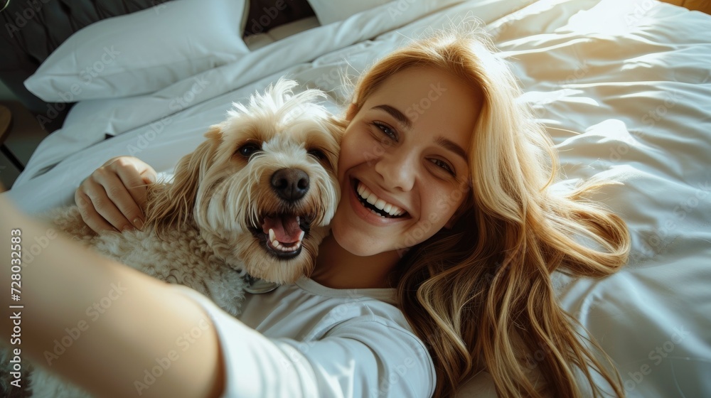 Pet friendly spaces concept. Happy beautiful girl with her lovely dog taking selfie in hotel room. Dog friendly hotel. Welcome dog. Travel with dog. Pet friendly spaces concept. Happy beautiful girl with her lovely dog taking selfie in hotel room. Dog friendly hotel. Welcome dog. Travel with dog.