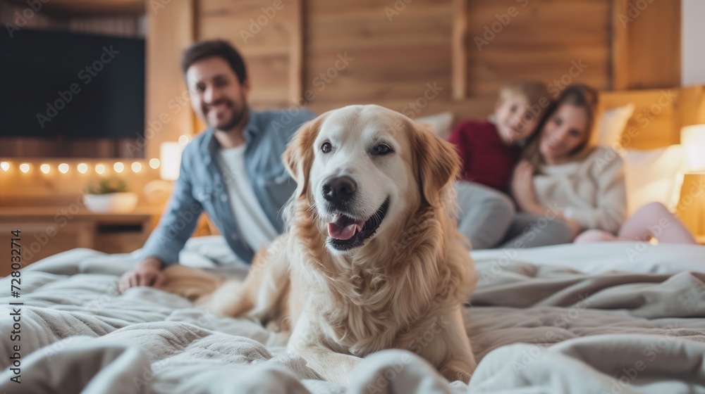 Obraz premium Family with dog in pet friendly hotel. Welcome dog. Family traveling with dog. Pet friendly places concept. 