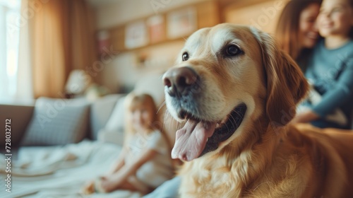 Family with dog in pet friendly hotel. Welcome dog. Family traveling with dog. Pet friendly places concept. 