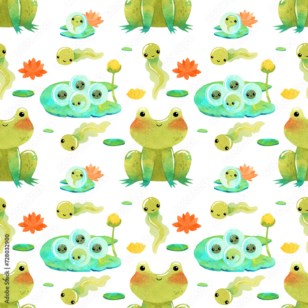 Cute funny green frog, toad watercolor illustration with eggs and tadpole seamless pattern Cute funny green frog, toad watercolor illustration with eggs and tadpole seamless pattern