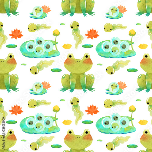 Cute funny green frog  toad watercolor illustration with eggs and tadpole seamless pattern
