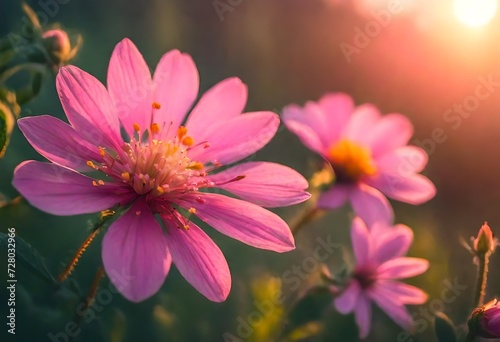 Beautiful wild pink flower with the light of the sunset on a garden. Blooming and spring concept