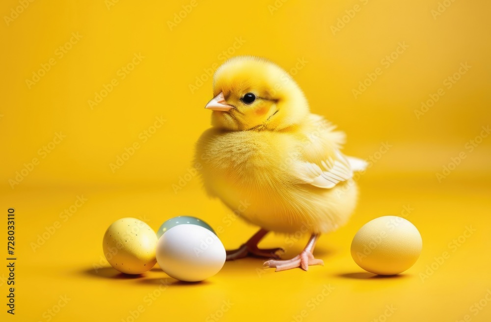 world bird day, Easter, funny yellow chick, little Easter chicken, poultry, colorful colored eggs, yellow background world bird day, Easter, funny yellow chick, little Easter chicken, poultry, colorful colored eggs, yellow background