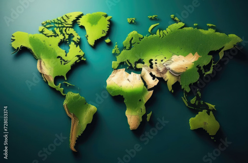 International Mother Earth Day, World Forest Day, energy saving, green earth map, continents and oceans, forest map, green background, top view