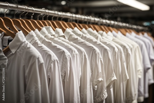 White men shirts hanging on rack in a row