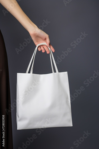 Woman hand holding white paper bag on grey background, close-up