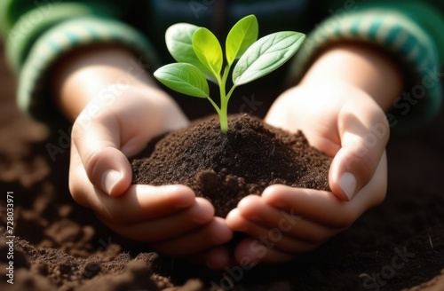 Arbor Day, a green sprout in the palms, a handful of earth in the hands, Handholding tree sapling, planting plants, a young plant grows out of the soil © Svetlana Leuto