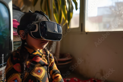 Happy child playing with VR glasses. Modern technology. Future concept