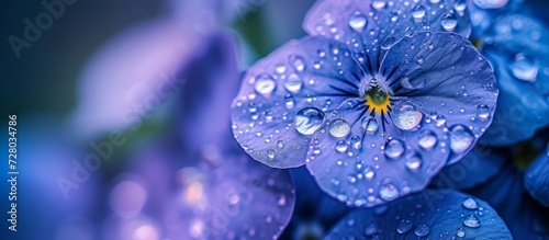 Mesmerizing Blue Dew Drops Drenched on Delicate Petals of Violets