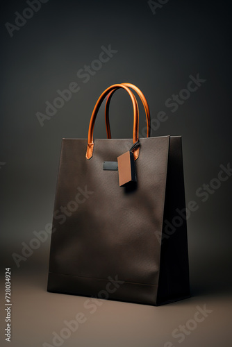 Black leather shopping bag on a dark background. 3d rendering.